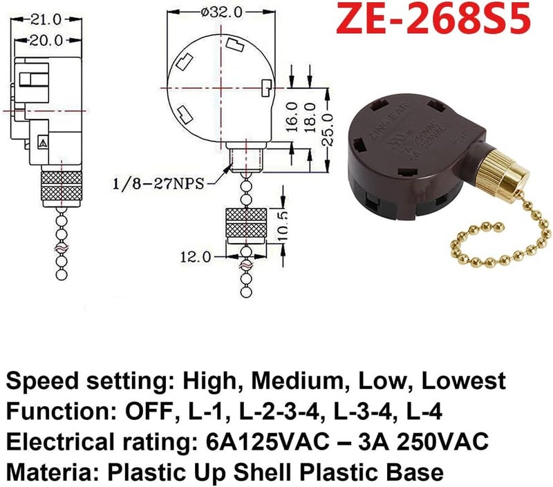 Bsentster Ceiling Fan Switch Zing Ear ZE-268S5, 4 Speed 5 Wire Switch Ceiling Fan Light Replacement Speed Control, Compatible with Hunter Ceiling Fan(Brass Pull Chain) - Image 2